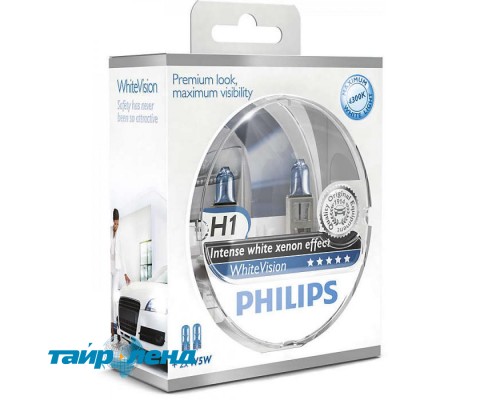 Лампа галогенная Philips H1 WhiteVision +60%, 4300K, 2шт/блистер 12258WHVSM