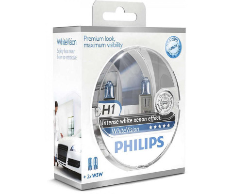 Лампа галогенная Philips H1 WhiteVision +60%, 4300K, 2шт/блистер 12258WHVSM