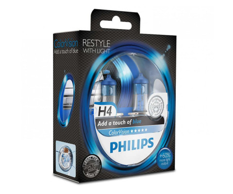Лампа галогенная Philips H4 ColorVision Blue, 3350K, 2шт/блистер 12342CVPBS2