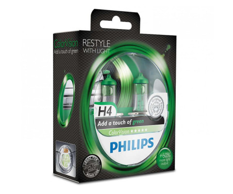 Лампа галогенная Philips H4 ColorVision Green, 3350K, 2шт/блистер 12342CVPGS2 Лампа галогенная Philips H4 ColorVision Green, 3350K, 2шт/блистер 12342CVPGS2