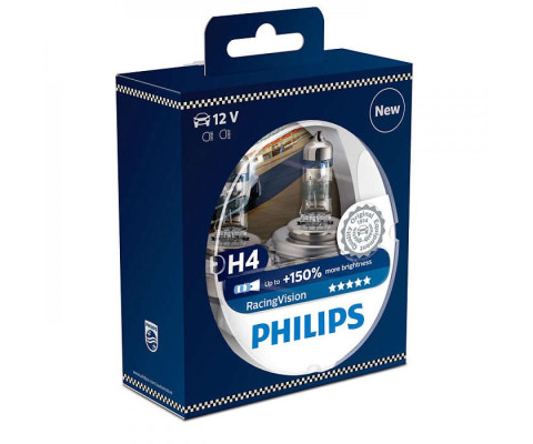 Лампа галогенная Philips H4 RACING VISION +150%, 2 шт блистер 12342RVS2