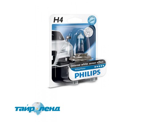 Лампа галогенная Philips H4 WhiteVision +60%, 4300K, 1шт/блистер 12342WHVB1