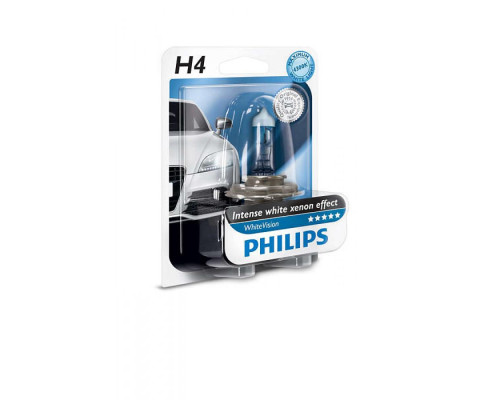 Лампа галогенная Philips H4 WhiteVision +60%, 4300K, 1шт/блистер 12342WHVB1 Лампа галогенная Philips H4 WhiteVision +60%, 4300K, 1шт/блистер 12342WHVB1
