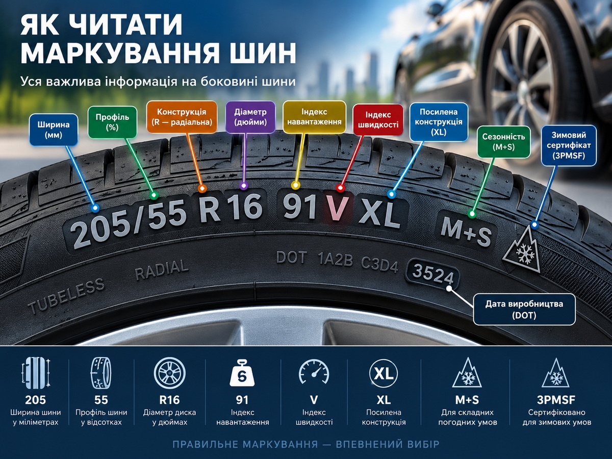Маркування шин: що означають 205/55 R16 91V, XL, RunFlat і 3PMSF