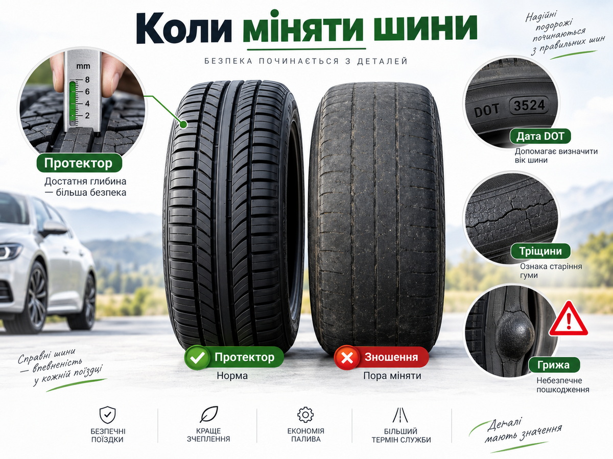 Коли потрібно міняти шини: протектор, вік, DOT та ознаки зношування
